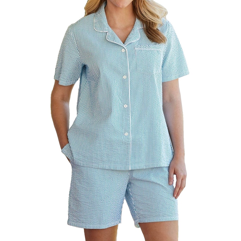 The Vermont Country Store Shortie Seersucker Pajama Set 1X Blue White Coastal